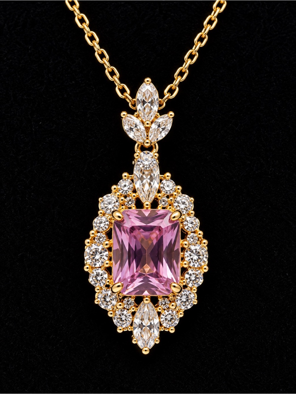 Gold Pendant Necklace with Pink Center Stone and Sparkling Accents